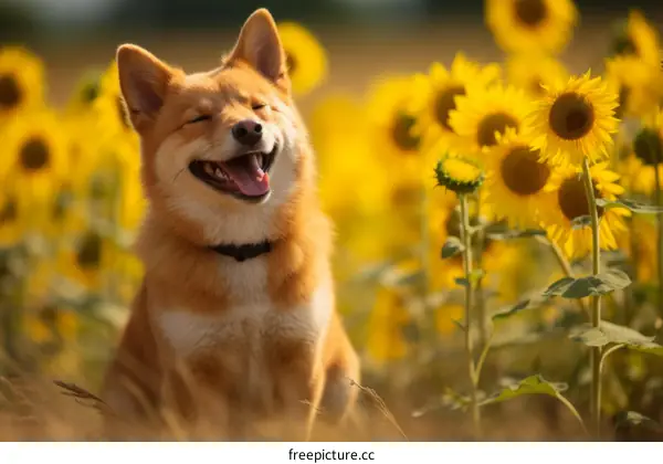 Sunflower Love: A Joyous Dog Amidst Blooming Sunflowers