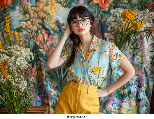 Young Woman in Floral Print Shirt and Yellow Pants Posing in Front of Floral Wall