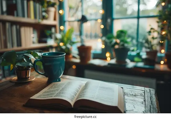 Cozy Reading Nook with Blue Mug and Book