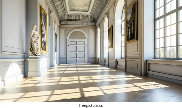 Elegant Sunlit Hallway With White Door And Gold Framed Paintings