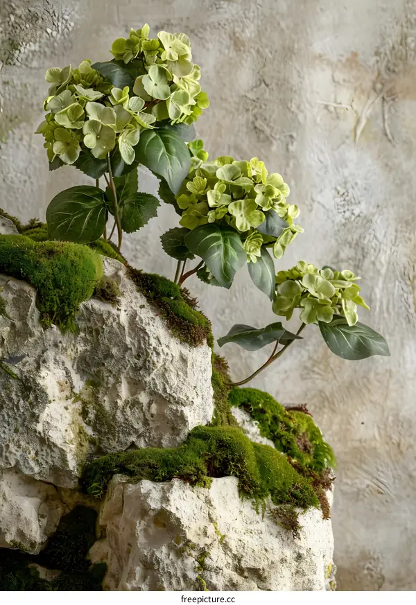 Green Hydrangea Plants Growing on Rock and Moss