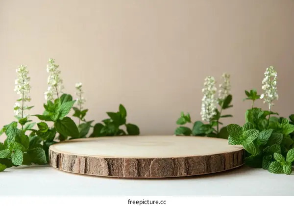 Wooden Slice Display with Fresh Herbs