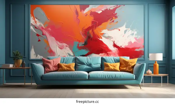 Blue living room interior with abstract painting on the wall
