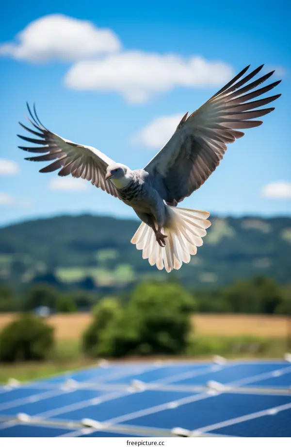 A grey goshawk is flying above a solar farm