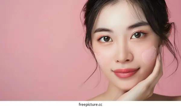 Beautiful Asian Woman with Pink Blush on Cheek