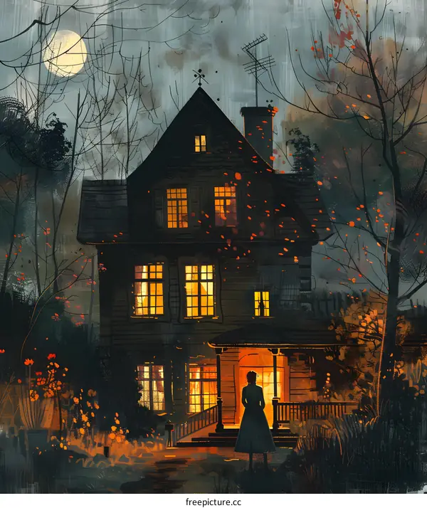 A woman standing in front of a haunted house
