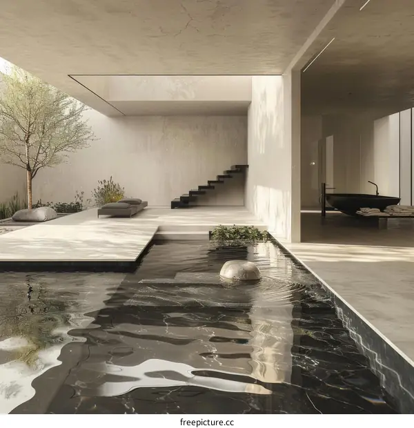 Modern Minimalist Villa Exterior with Courtyard and Staircase