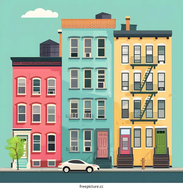 Colorful Row Houses with White Car in Front