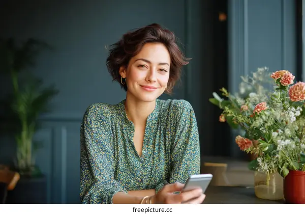 Smiling Woman Using Smartphone in Cafe