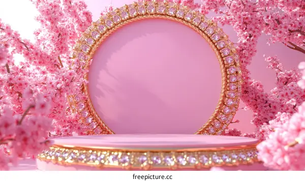 Pink Cherry Blossom Display Podium with Gold Accents