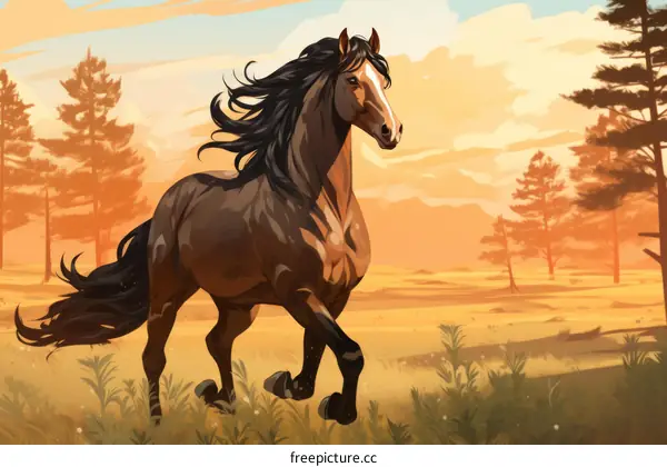 A Brown Horse Gallops Across an Open Field