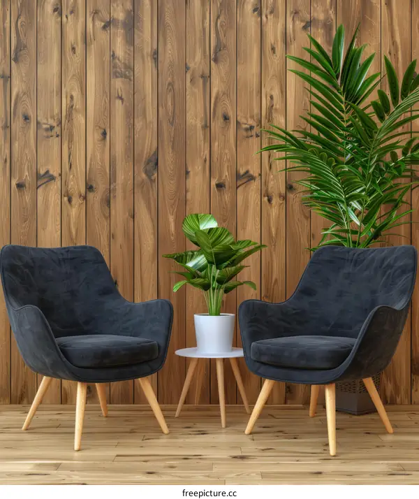 Two armchairs in front of wooden wall with tropical plants
