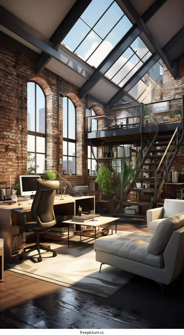 Modern industrial style home office with brick walls, large windows and a mezzanine