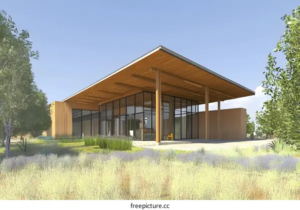 Modern House with Large Windows and Wooden Beams