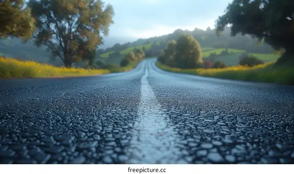 Scenic Country Road with Blooming Yellow Flowers