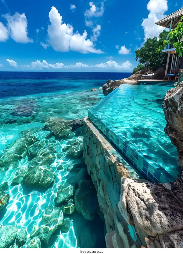 Infinity Pool Overlooking the Ocean with Rocks and Blue Sky