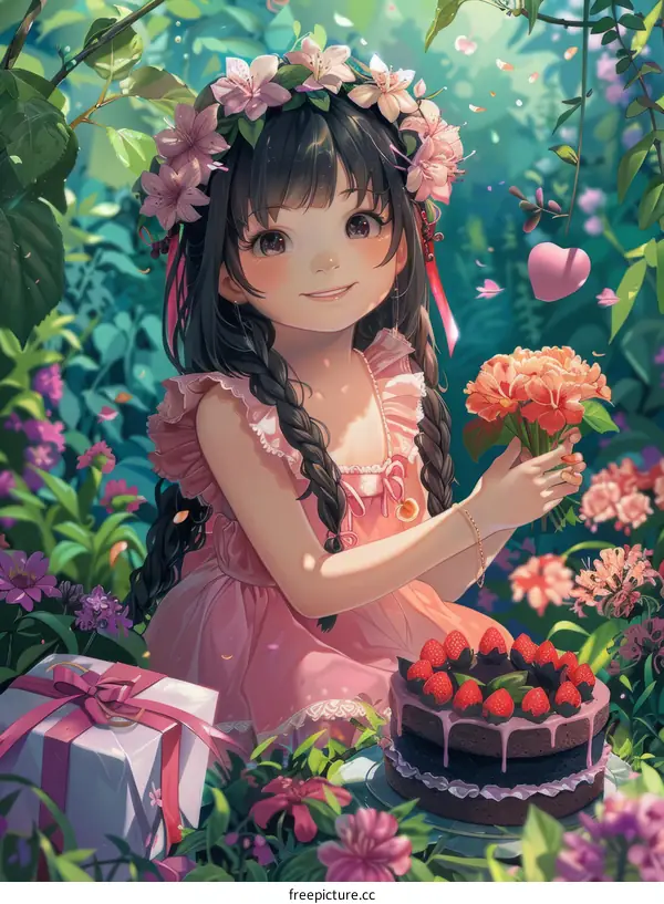 Smiling Girl in a Pink Dress in a Flower Garden