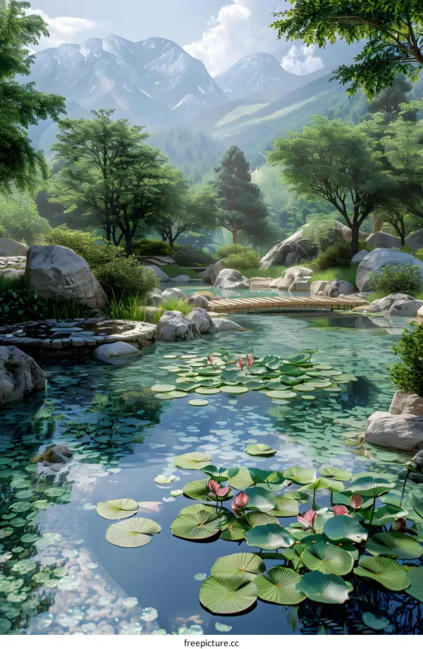 A碧绿的池塘和山景