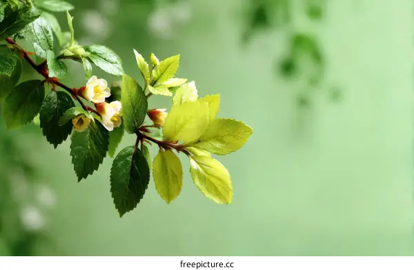 Spring Branch with Delicate Blossoms and Leaves