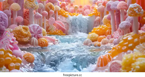 Close-up of a colorful candy land with a flowing river