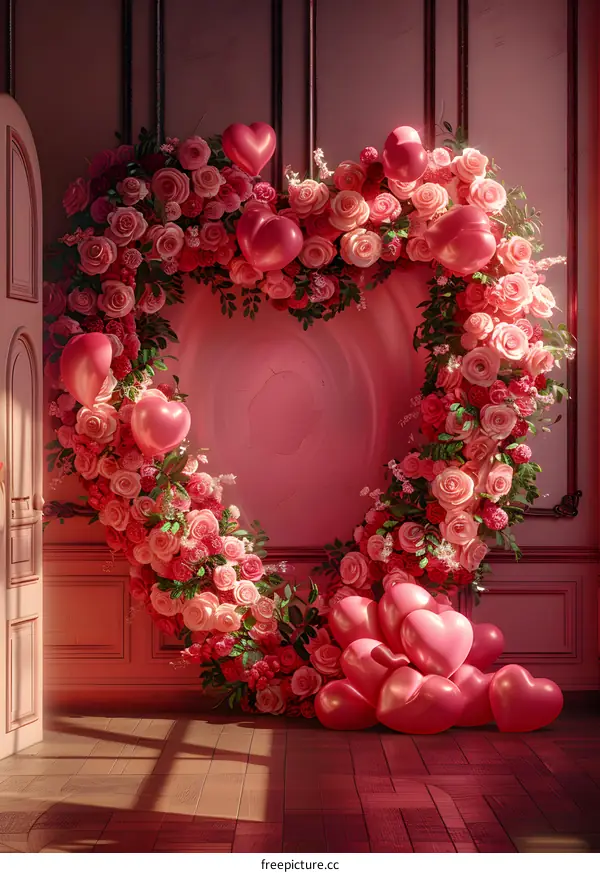 A heart-shaped flower arrangement with pink roses and balloons