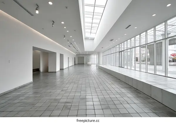 Modern Empty Gallery Hallway with Large Windows