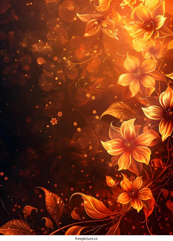 Golden flowers bloom against a dark background