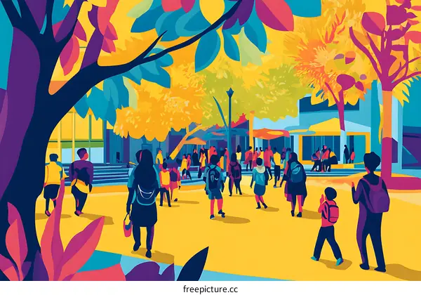 Colorful Illustration of a Busy School Campus with Students Walking