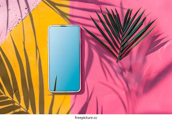 Tropical Phone Mockup with Palm Leaf Shadow on Colored Background