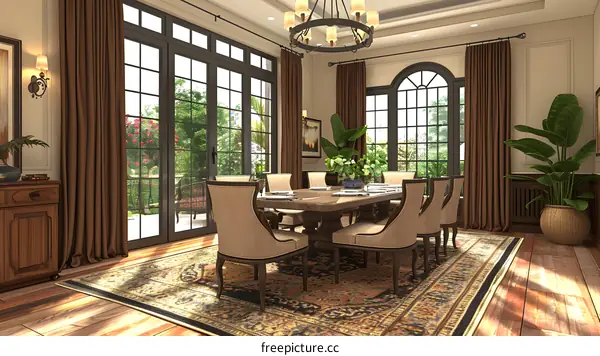 European style luxury home interior with wooden table set and big windows