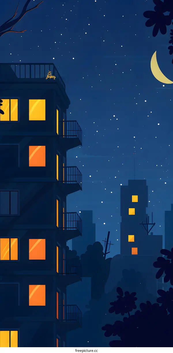 Night Cityscape with Crescent Moon and Stars Illustration