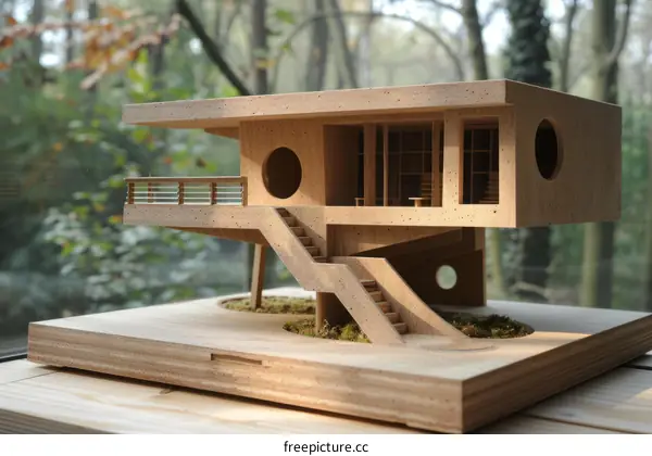 A wooden model of a modern house with a balcony and a staircase