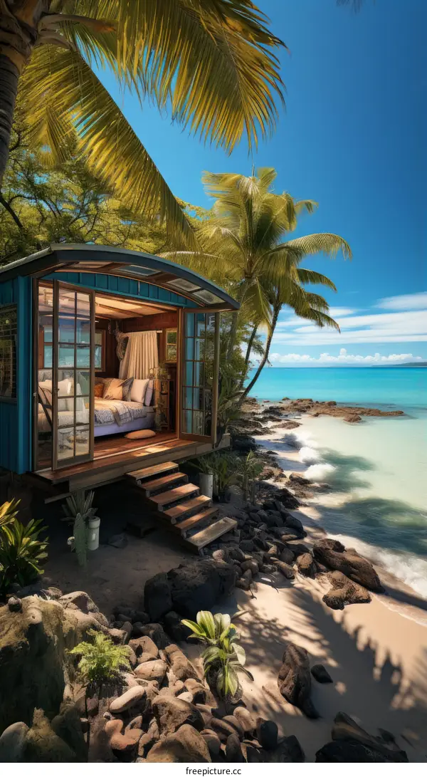 Beachfront house with palm trees