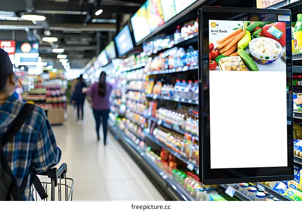 Grocery Store Aisle With Digital Signage Displaying Fresh Food