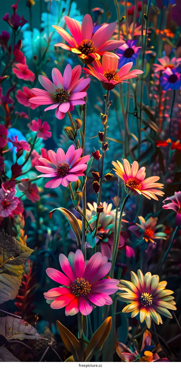 Vibrant Pink and Yellow Flowers in a Garden