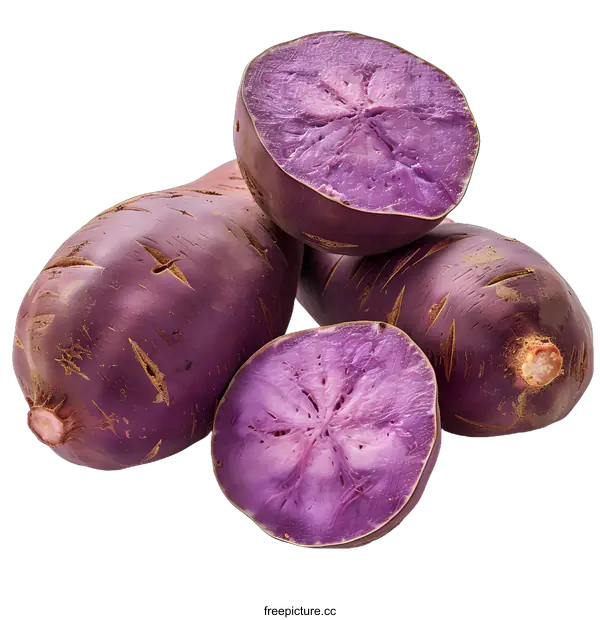 [Transparent Background PNG]three purple sweet potatoes and one is cut in half
