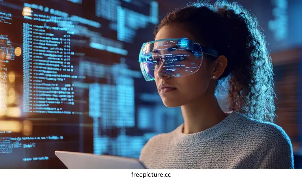 Future Woman in VR Glasses Looking at Code