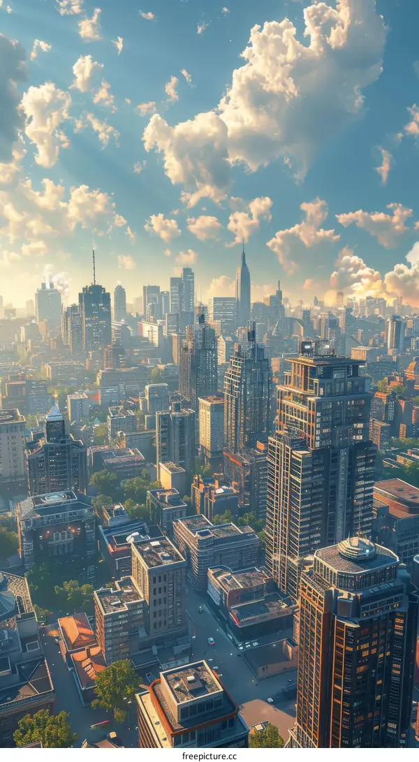 Aerial View of a Modern City Skyline on a Sunny Day
