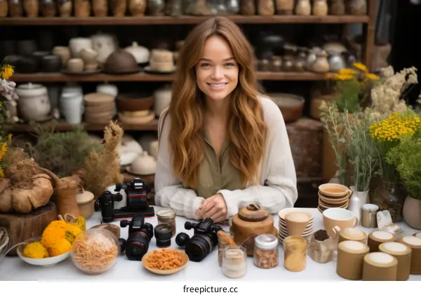 Portrait of a smiling young woman sitting at a table with a variety of cameras and other objects