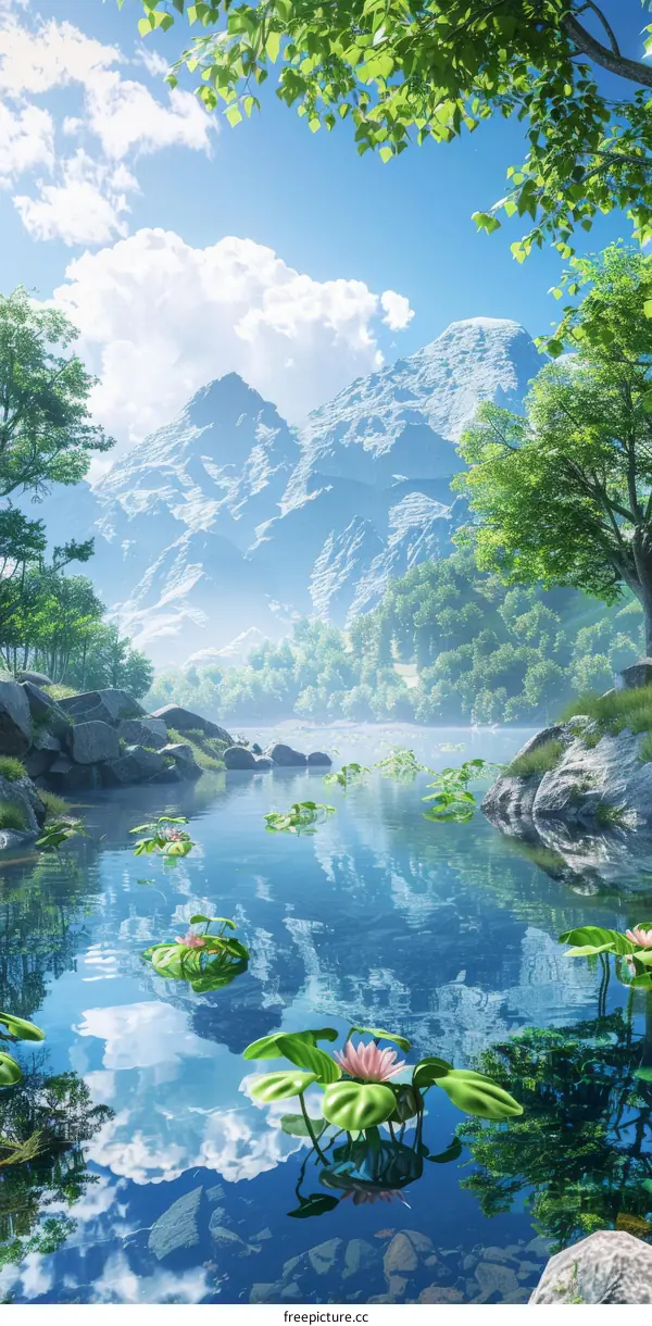 Crystal Clear Mountain Lake Fantasy Landscape with Green Trees