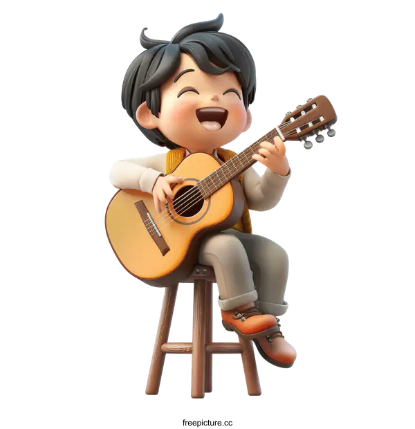 [Transparent Background PNG]3D rendering of a happy young boy playing guitar
