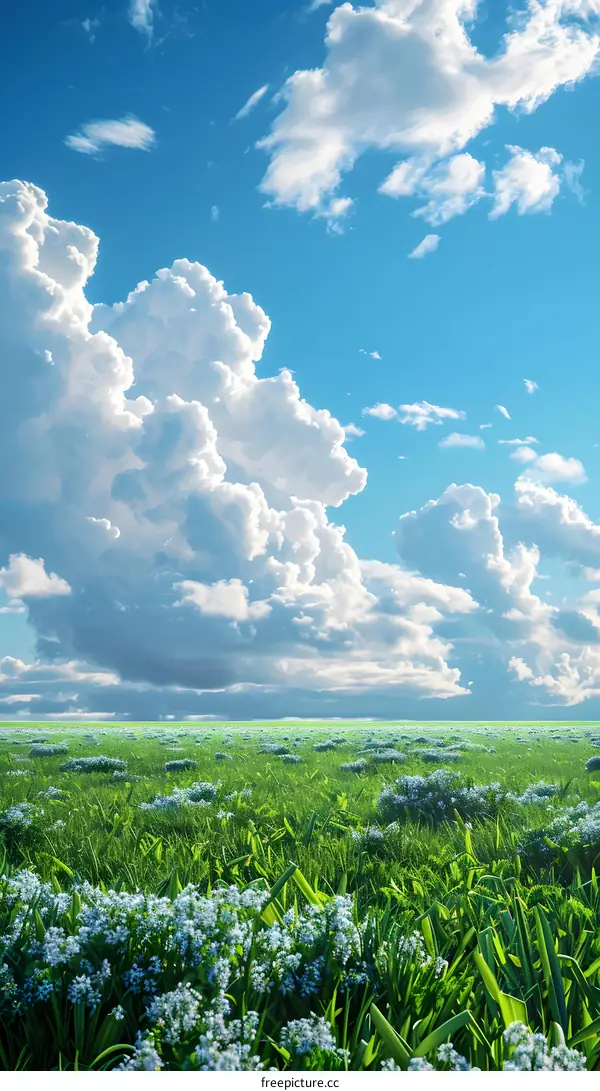 The vast grassland under the blue sky and white clouds