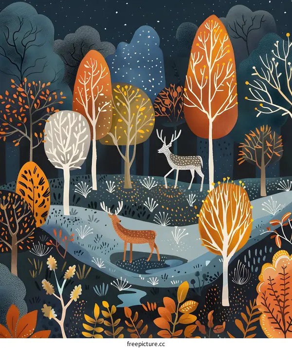 Illustrated Night Forest with Two Deers