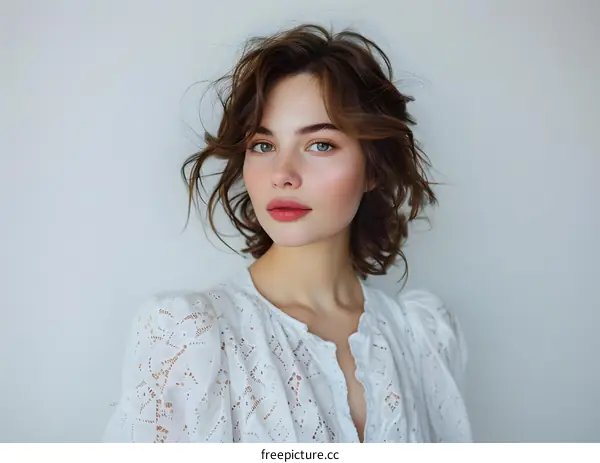 Portrait of a Beautiful Woman with Curly Brown Hair and Makeup
