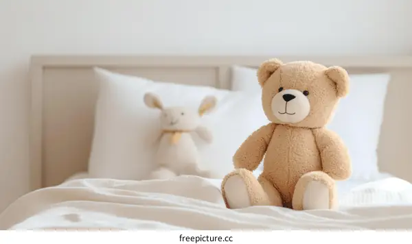 A cute teddy bear sitting on a bed with a bunny in the background