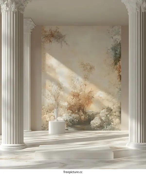 White Columns and Beige Walls with a Watercolor Forest Scene Mural