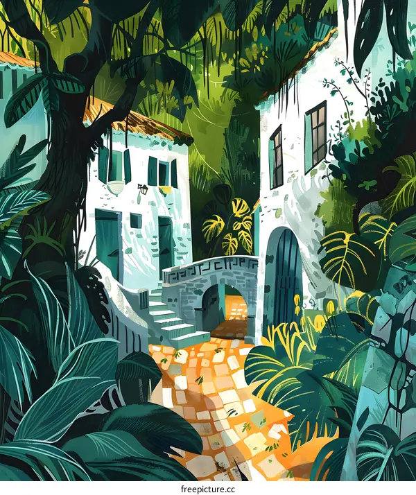 Tropical Jungle Village Pathway with Stone Arch and White Houses