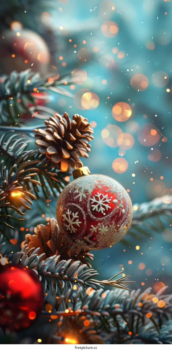 Christmas Tree with Red and Gold Ornaments and Pine Cones