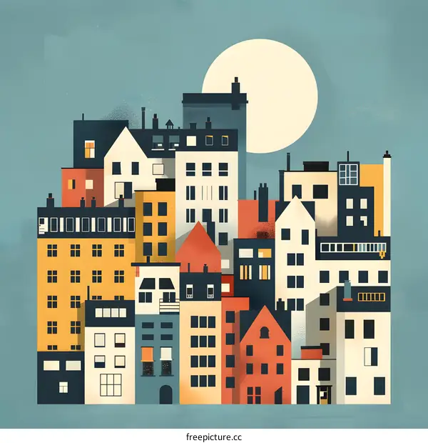 Colorful Cityscape Illustration with Moon in the Sky