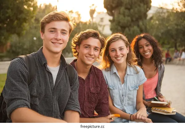 Four Diverse Students Outdoor Portrait